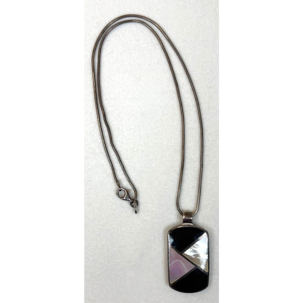 Sterling Silver Onyx Mother Of Pearl Pendant Necklace 925 Italy 16" Vintage